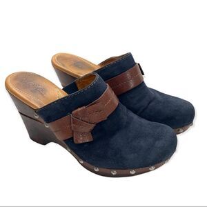 Naya Irina Blue Suede‎ Studded Wood Clog Heels, 7.5